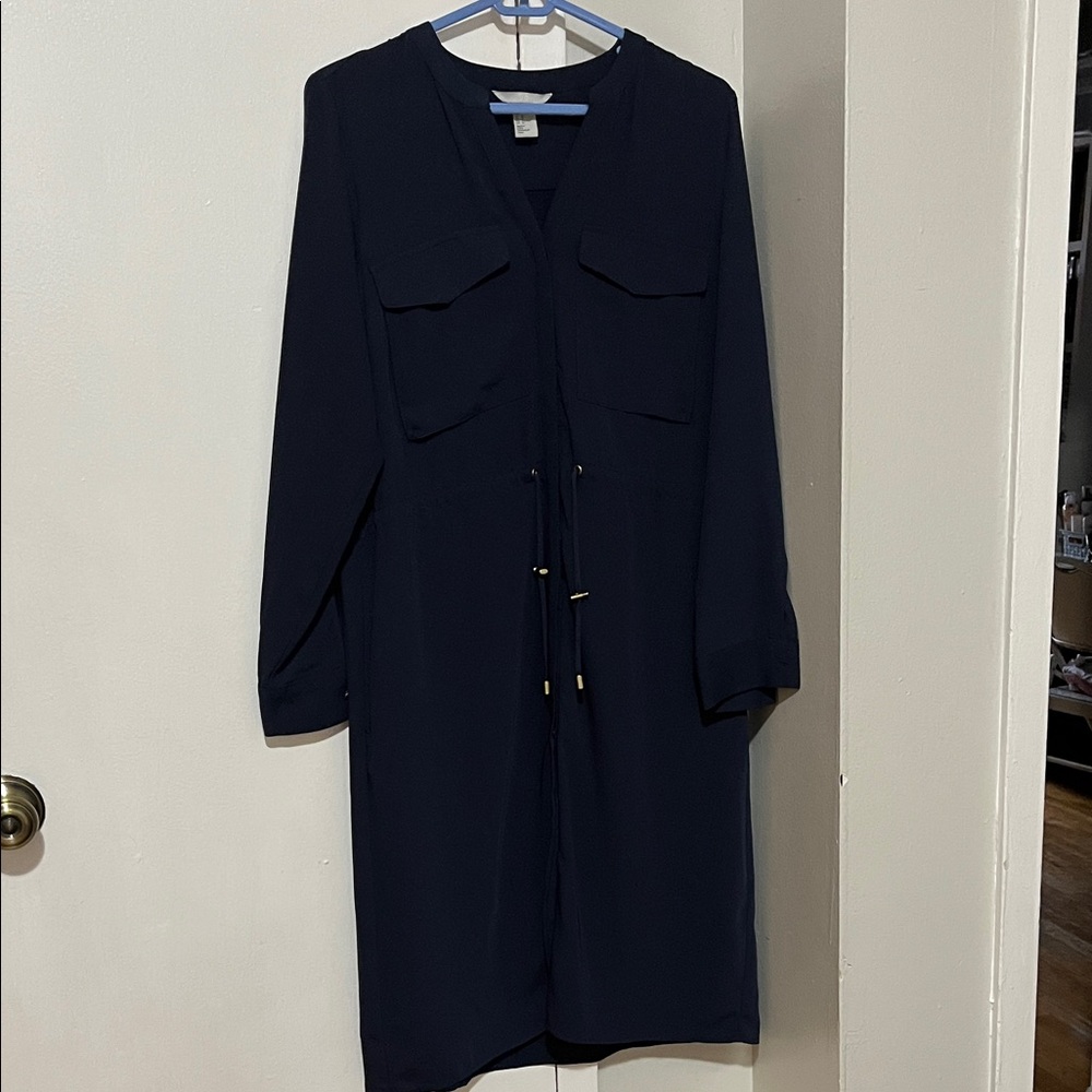 H&M Navy Long Sleeve Drawstring Shirt Dress